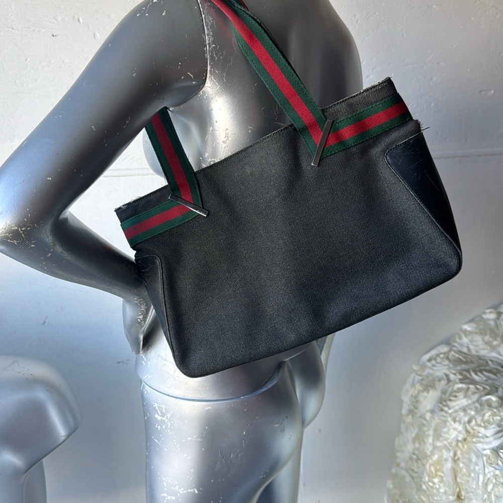Authentic Gucci Black Tote Bag with Red and Green Straps